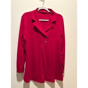 Gaharu Red Long Sleeve Tunic Top Notched Collar Rhinestone Button XL Womens
